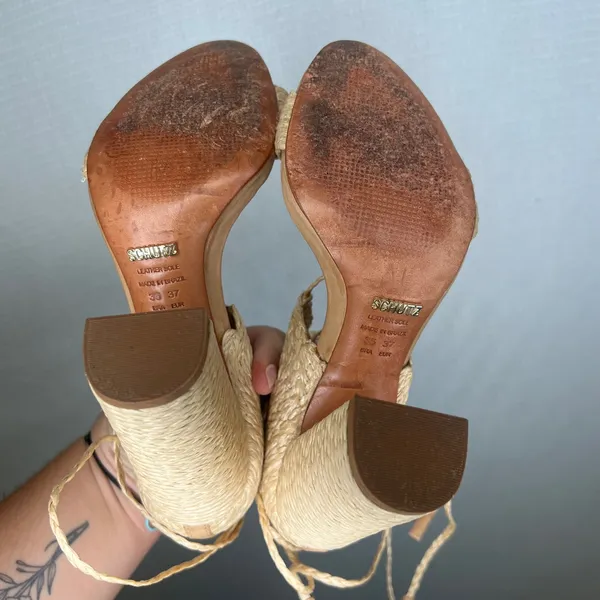Schutz Natural Woven Raffia Lace Up Block Heel Sandals Tan Size 37 EU 7 US - Image 5