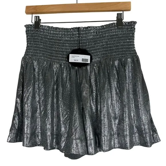 NWT TCEC Womens Chrome Metallic Shorts Silver Futuristic‎ High Rise Smocked Rave - Image 2