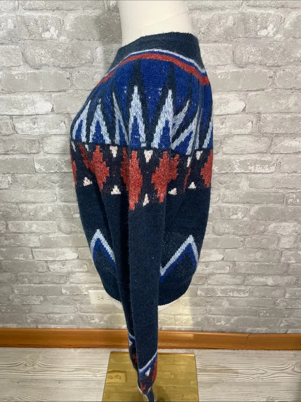 Sundry Navy Fair Isle Crewneck Sweater with Red and Royal Blue Accents - Image 3