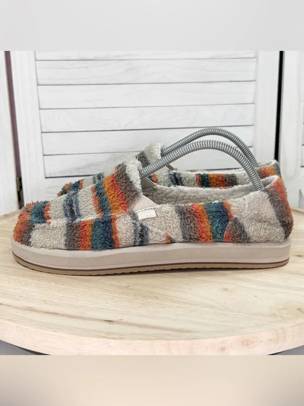 Sanuk Donna ST Striped Sherpa Fleece Slip On Loafers Shoes Beige Multi Women 9 - Image 4