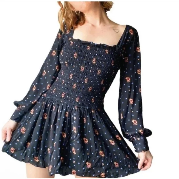 Free People-M Floral Long Sleeve Smocked Mini Dress Romantic Boho-Chic Babydoll‎ - Image 3