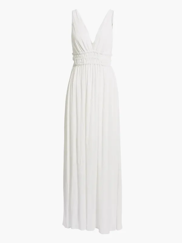 White V-Neck Smocked Waist Flowing Sophisticated Sleeveless Maxi Dress - Image 2