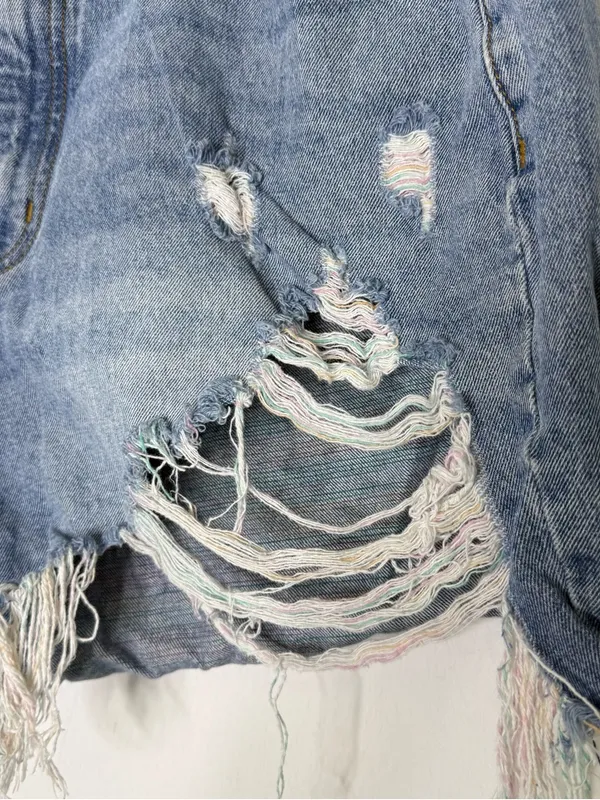 KanCan Distressed Denim Shorts High Rise Rainbow Frayed Raw Hem Size 14 - Image 6