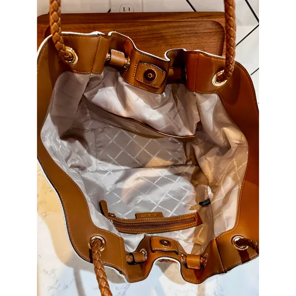 Michael Kors Montauk canvas shoulder bag cream fabric brown leather handles Y2K - Image 9