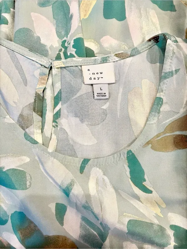 A New Day Sage Abstract Floral Tiered Maxi Dress Large 100% Rayon Boho - Image 8