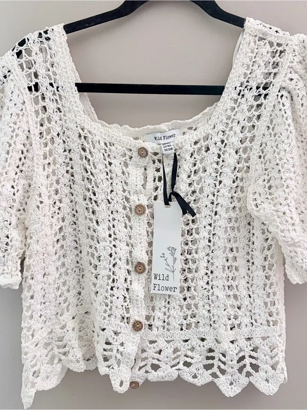 Wild Flower Cream Crochet Short Sleeve Button Front Top Cardigan S/M NWT Boho - Image 2