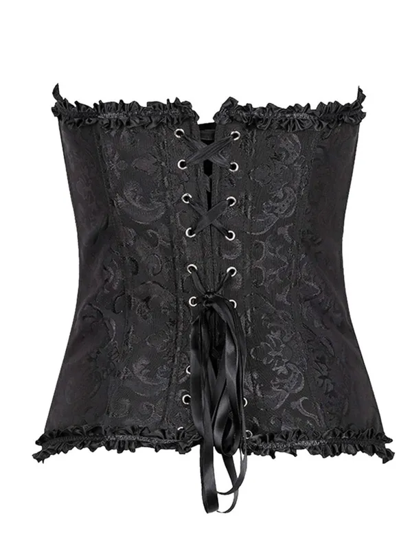 Black Jacquard Overbust Corset Bustier with Ribbon Tie - Image 2