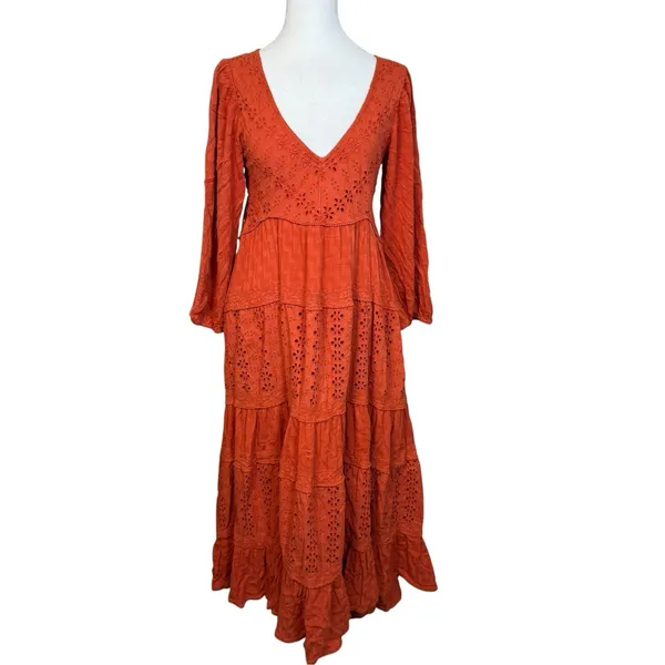 Free People Mockingbird Eyelet Tiered Maxi Dress Size XS Rust Orange Boho Chic - Image 4