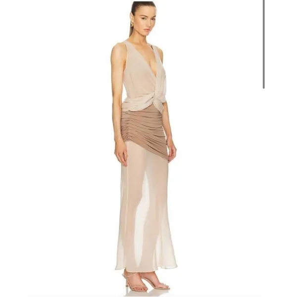 L'Academie Sleeveless Two Tone Beige Tan Chiffon Overlay Formal Evening Gown S M - Image 15