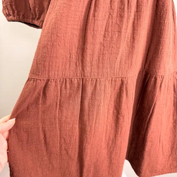 Billabong Fall For Ya Brown Cotton Gauze Tiered Puff Sleeve Mini Dress NWT Small - Image 7
