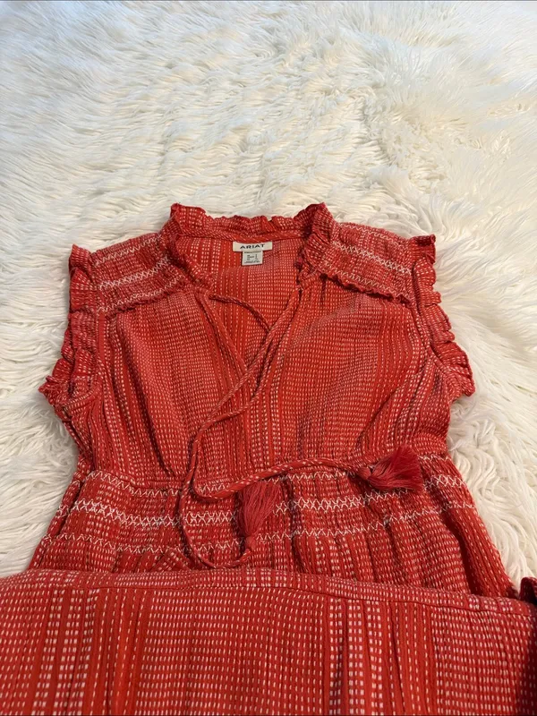 Ariat Coral-Red Tiered Maxi Dress with Tassel Tie size S excellent condition - Image 12