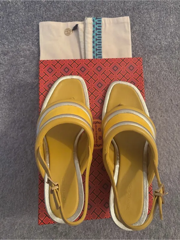 Authentic Tory Burch Yellow Leather Slingback Mules with Metallic Trim Size 10M - Image 5