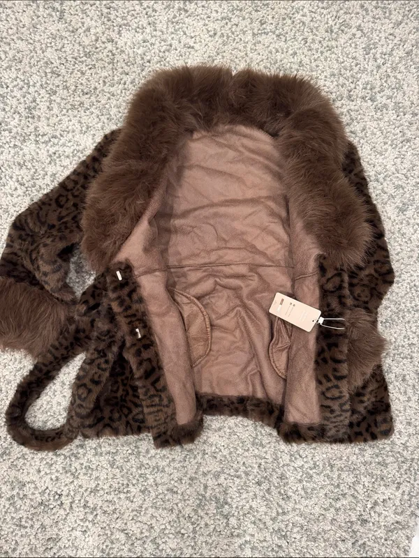 Brown Faux Fur Leopard-Print Coat with Belt - Image 2