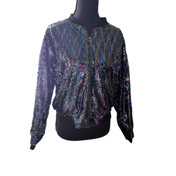 Allegra K Iridescent Sequin Bomber Jacket | Size Small - Image 6