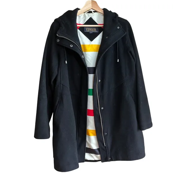 Pendleton Campbell virgin wool vintage black winter coat hooded zipper women's S - Image 2