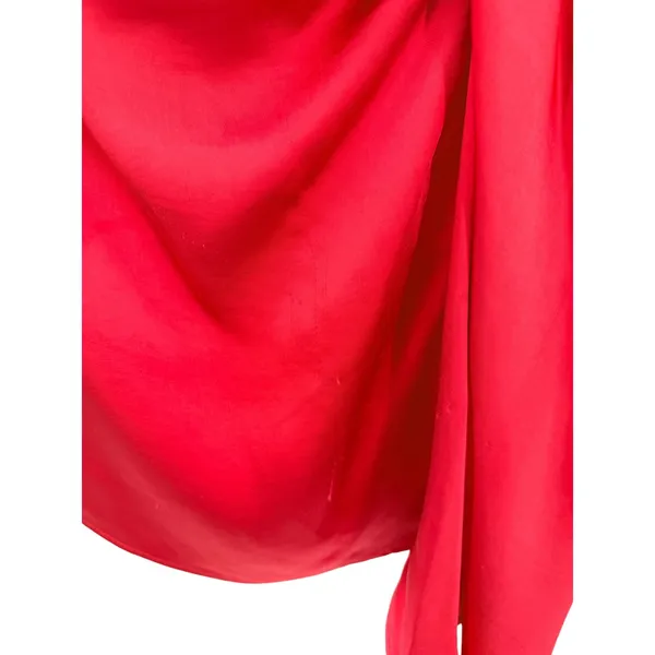 A.L.C. Joss Ruched Satin Mini Dress Red Hibiscus 2 Mock Neck Asymmetric‎ Flawed - Image 3