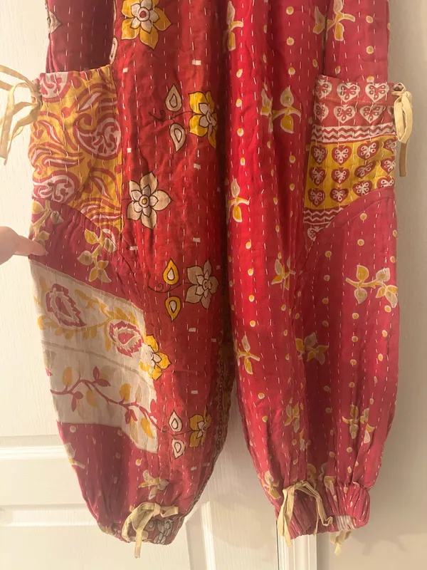 Red and Pink Floral Boho Kantha Jogger Pants - Image 3