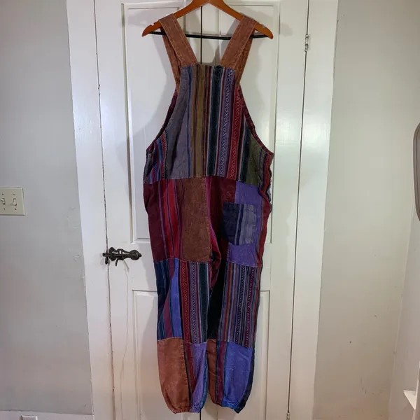 Rising International Nepal Patchwork Overalls Jumpsuit Boho Hippie XL‎ Colorful - Image 2
