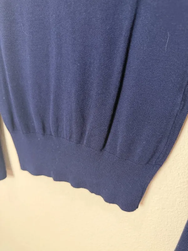 Zara V Neck Fine Gauge Sweater with Gold Button Sleeve Detail Navy Size Small - Image 6