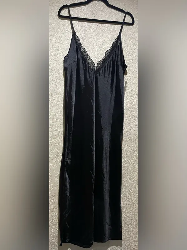 International Concepts Satin Like Lace-Trim Slip Long Nightgown Black Size M NWT - Image 2