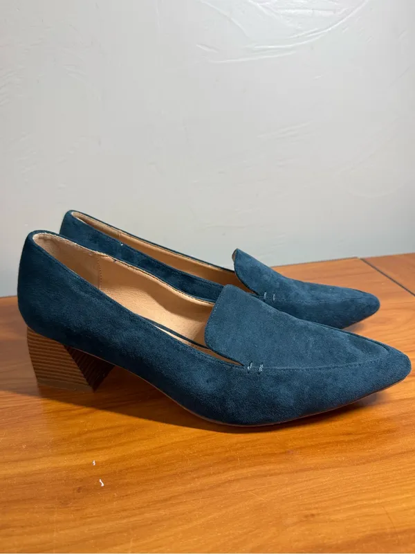 Bohme Suede Dark Teal Blue Pointed Toe Block Heel Pump Loafer Business Casual 10 - Image 3