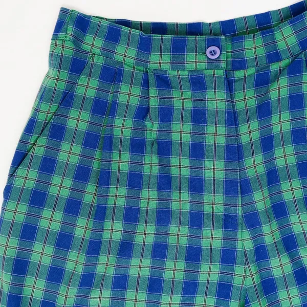 Vintage High Waisted Blue Green Plaid Shorts - Image 6