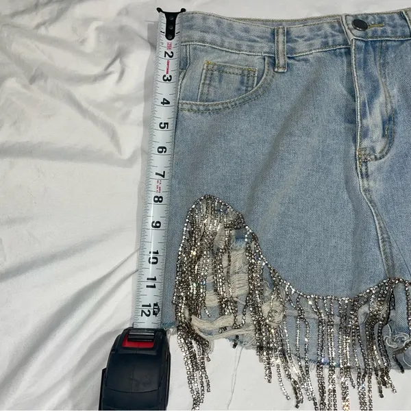 La’ Ros Rhinestone Fringe Cutoff Denim Jean Shorts - Image 4