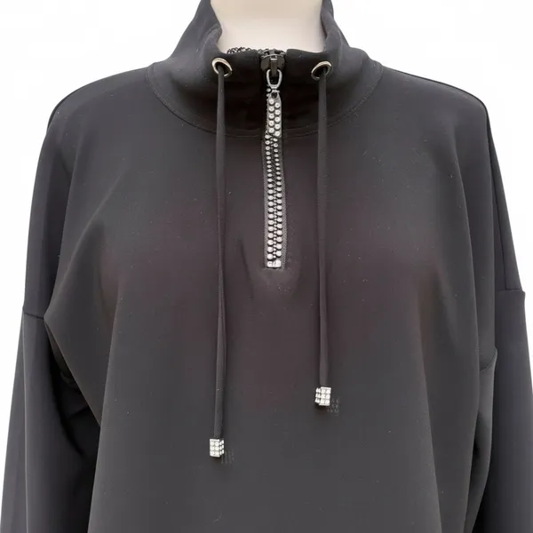 Joseph Ribkoff‎ Mesh Insert Shirt Hem Rhinestone 1/4 Zip Black Mock Neck Grunge - Image 3