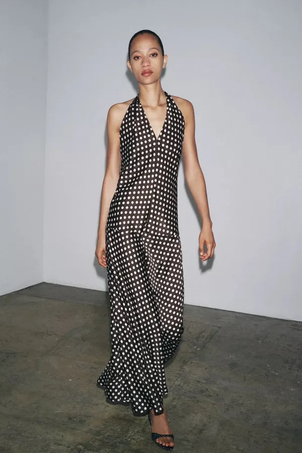 Zara Elegant Brown and White Polka Dot Halter maxi flowy Dress - Image 14