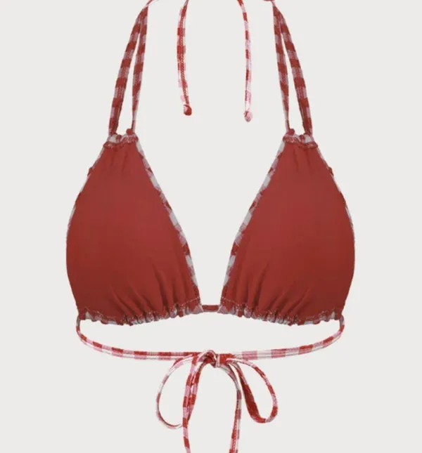 BERLOOK Red Plaid Double Strap Triangle Bikini Top ONLY 38 Size M - Image 8