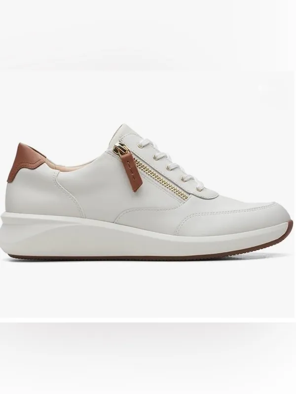 Clarks Women's White Leather Sneakers with Gold Zip and Brown Accents Size 8.5 - Image 5
