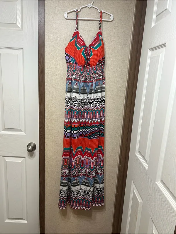 Summery Red Patterned Sleeveless Camisole Dress Size L - Image 2