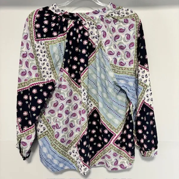 LOFT Womens L Linen Blend Patchwork Paisley Blouse Boho 3/4 Raglan Sleeve Top - Image 4
