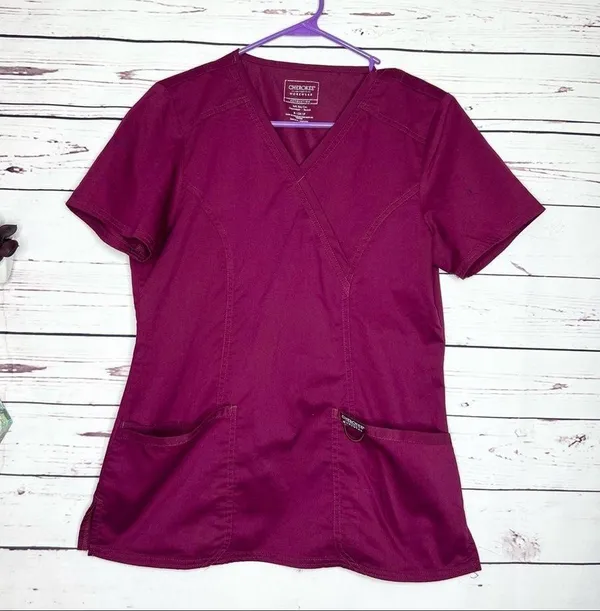 Cherokee Workwear Mock Wrap Medical Scrubs Top Burgundy Wine Size Small - Image 9