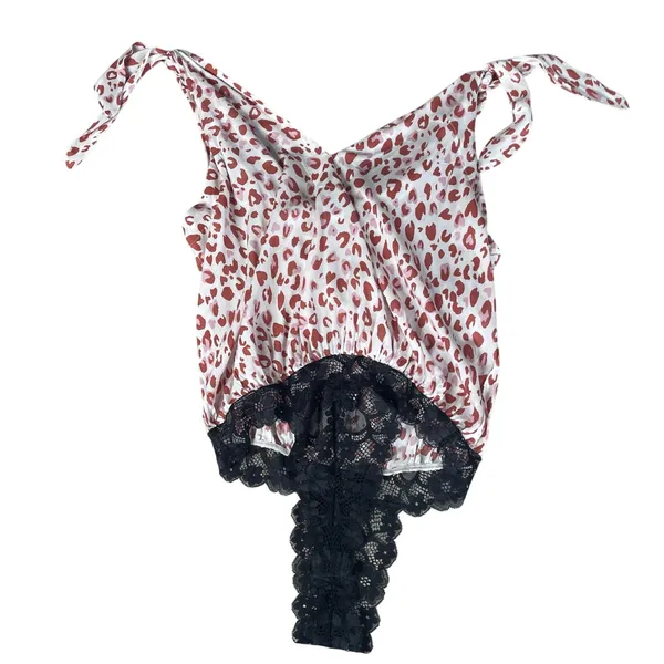 Intimately Free People Pink Leopard Print‎ Tie Strap Lace Thong Bodysuit Small - Image 2