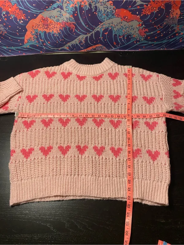 Women's Pink Heart Pattern Crewneck Sweater Size M - Image 3