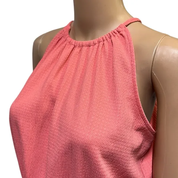 Nine West Peach Sleeveless Halter Keyhole Back Peplum Smocked Tank Top Blouse M - Image 4