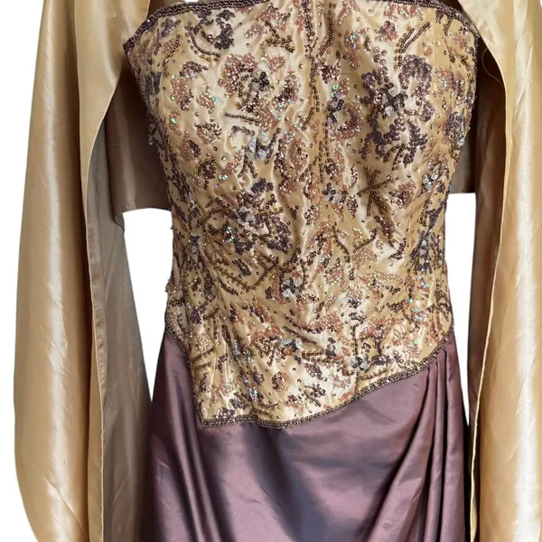 Jovani Formal Gown Sz‎ 12 Gold Brown Strapless Dress Sequins beaded Ball Prom - Image 3