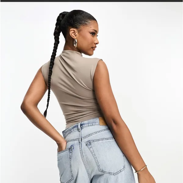 Abercrombie & Fitch high neck ruched bodysuit in taupe - Image 3