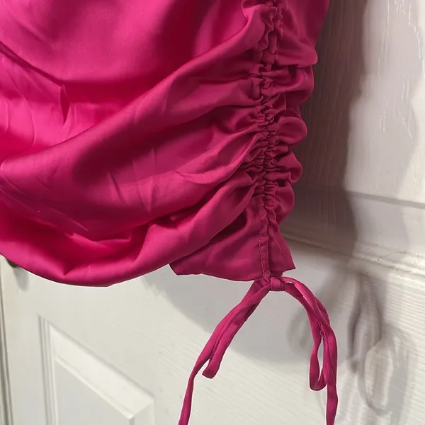 Oh Polly Timeless Romance Ruched Asymmetric Satin Mini Dress in Pink Size 4 - Image 7