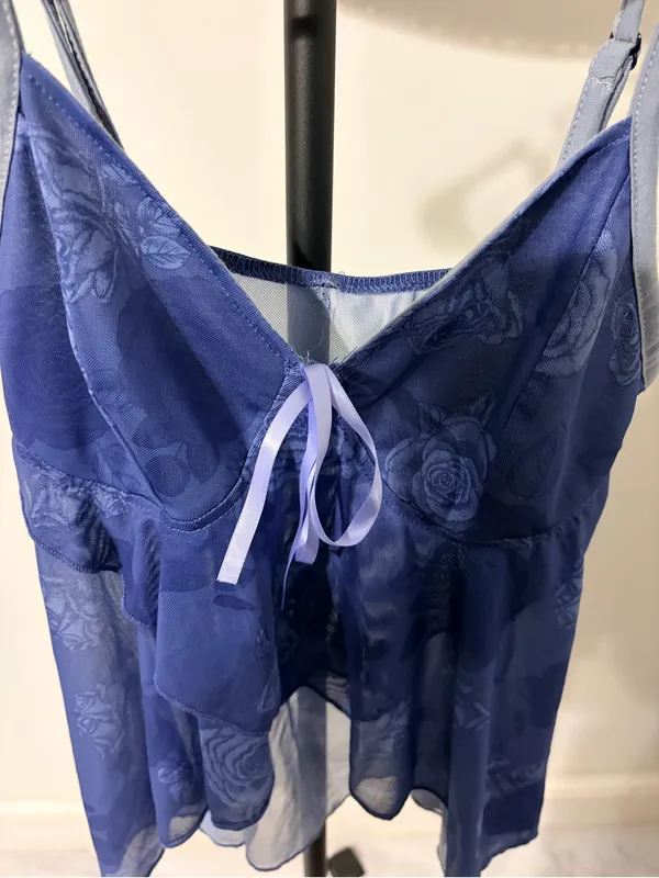 ROMWE Sheer Floral Lace Chemise in Deep Blue with Light Blue Straps - Image 2