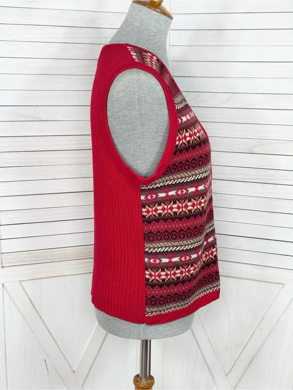 Vintage Requirements Fair Isle V Neck Zip‎ Up Sweater Vest Red Multi Medium - Image 3