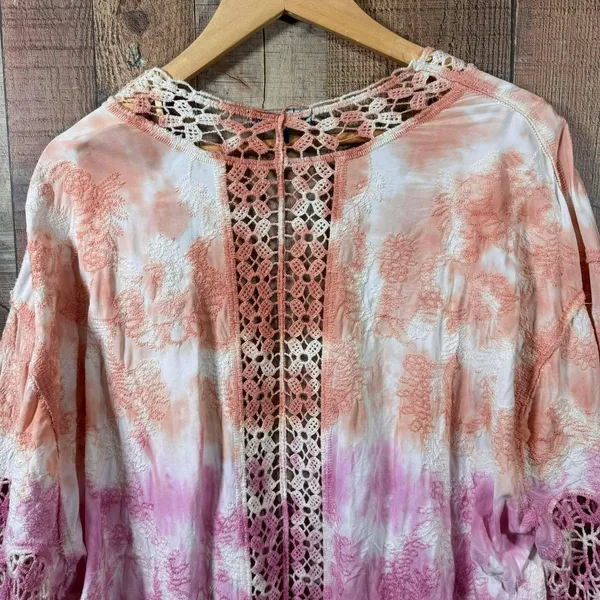 Democracy Tie Dye Crochet Kimono 1X Plus Lace Duster Swim Cover Up Pink Orange - Image 3