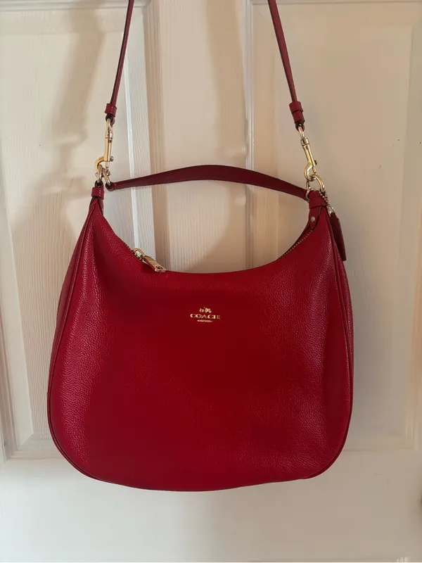 Big Red Coach In Pebble Leather Hobo with Gold Hardware - Image 4