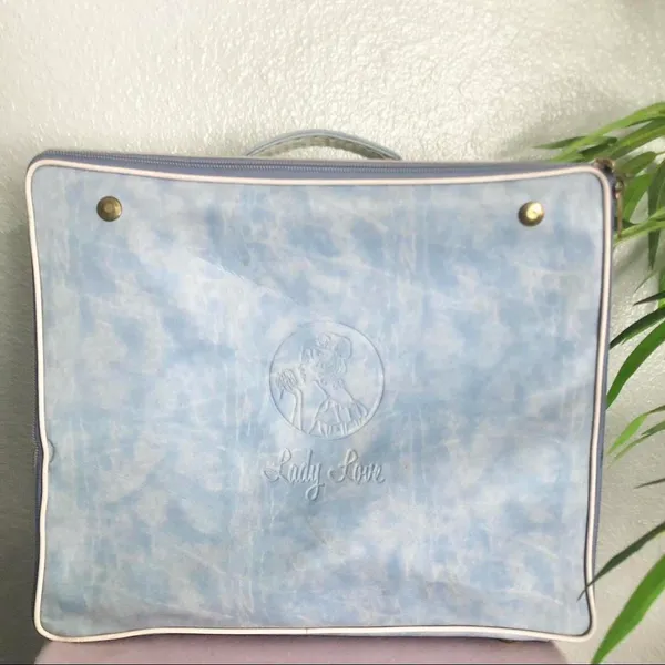 Vintage Blue Travel Box Luggage Hat Box Carry On Case Retro Square Suitcase MCM Lady Love Brass Hardware Approx 14” wide x 11.5” Long x 7” Deep - Image 2