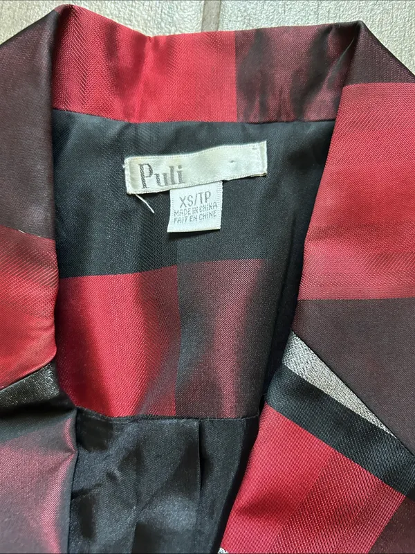 Puli Metallic Silver, Red and Black Plaid Wrap Dress with Belt - Image 2