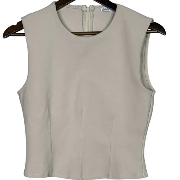 Zara Sleeveless Detailed Lining Fitted Classy Blouse Top Back Zip Up L Beige - Image 10