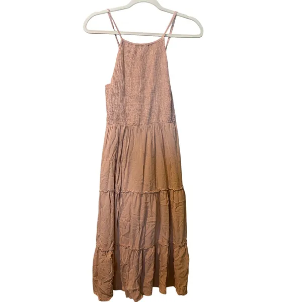 Sim & Sam Pink Swiss Dot Midi Dress Boho Smocked Tiered Sundress Size M - Image 2