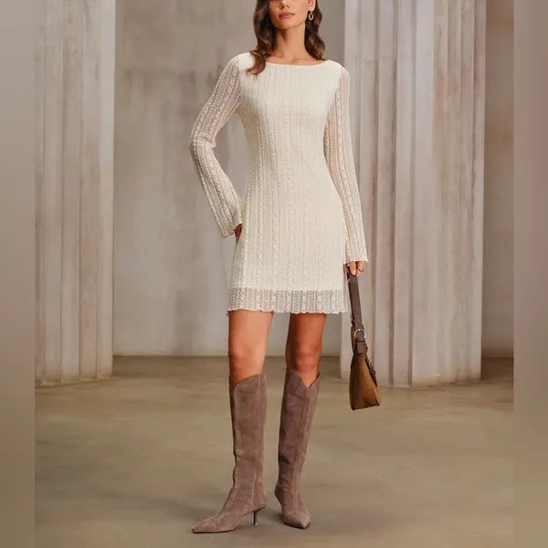 Rihoas Apricot Lace Bell Sleeve Mini Dress - Image 4