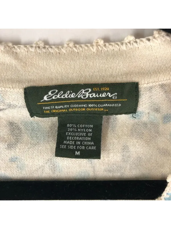 Eddie Bauer Floral Button-Down Cardigan Sweater Womens M Beige Blue Cotton Blend - Image 3
